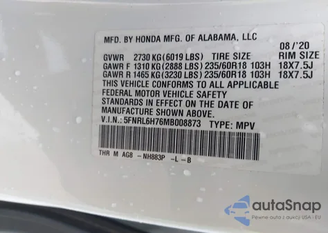 2021 Honda Odyssey Ex-L z USA, uszkodzony, nr VIN 5FNRL6H76MB008873